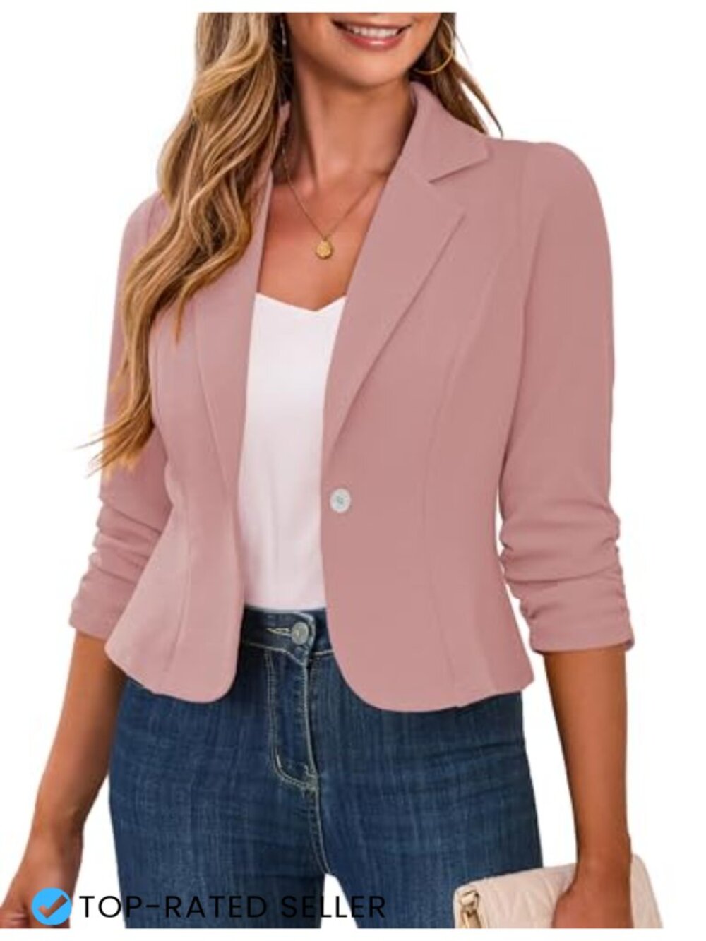 Cropped Blazer 3/4 Ruched Sleeve Business Casual Wrinkle Resistant